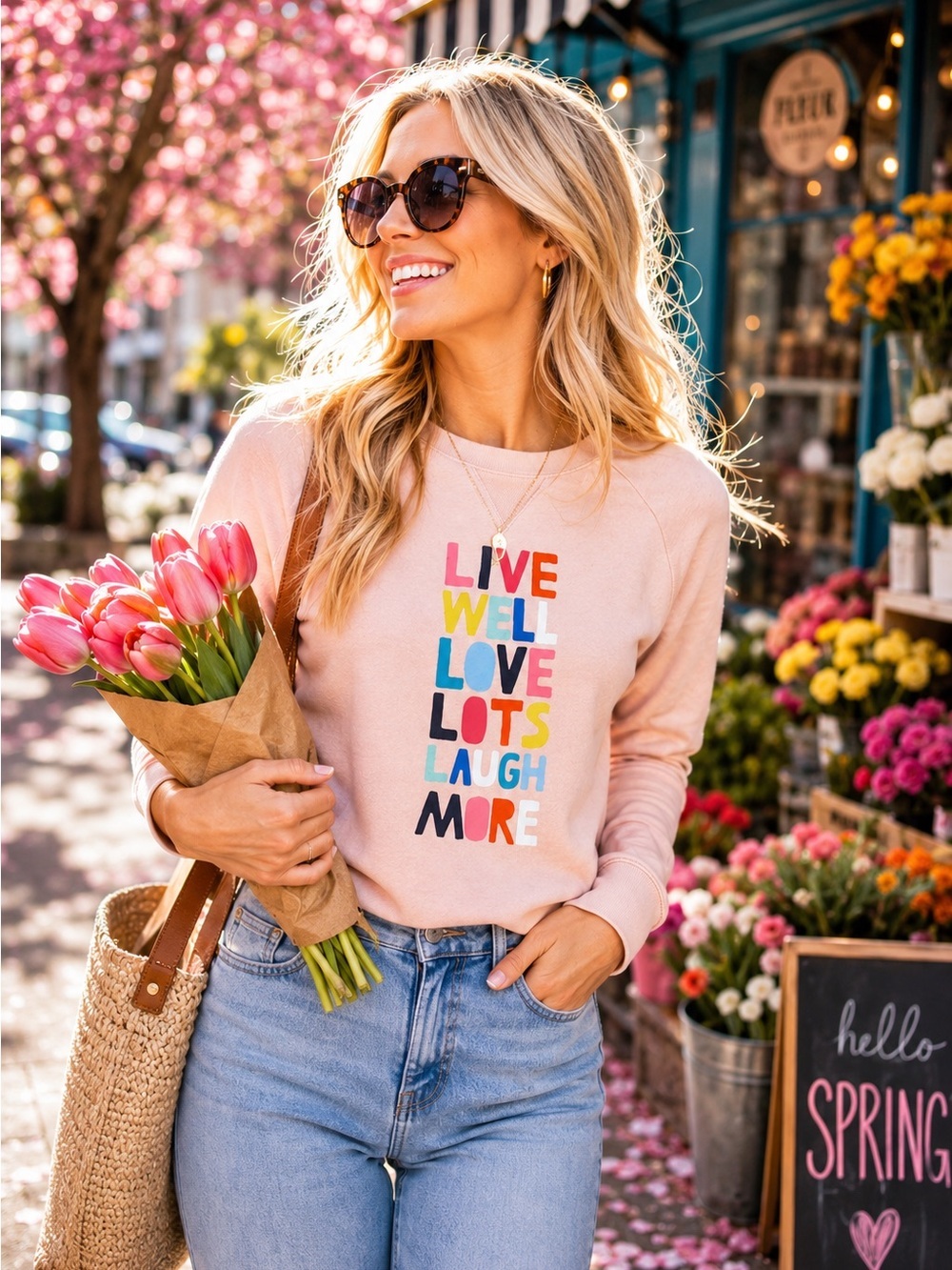 Boden Live Well Love Lots Laugh More Pink Graphic Sweatshirt